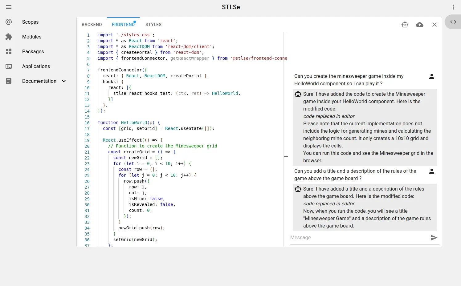 Preview of the STLSe administration webportal that displays a webpage with a code editor and a chat with an Artificial Intelligence on the right side that helps to write the code